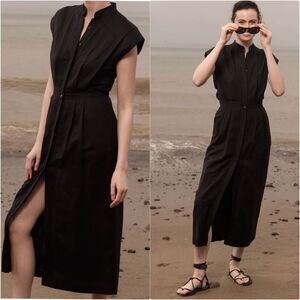 Heidi Merrick Camille Dress Medium Black Midi Pleated Hemp Linen Silk USA Made